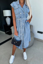 Load image into Gallery viewer, Classic Lapel Collar Buttons Down Pockets Denim Midi Dress
