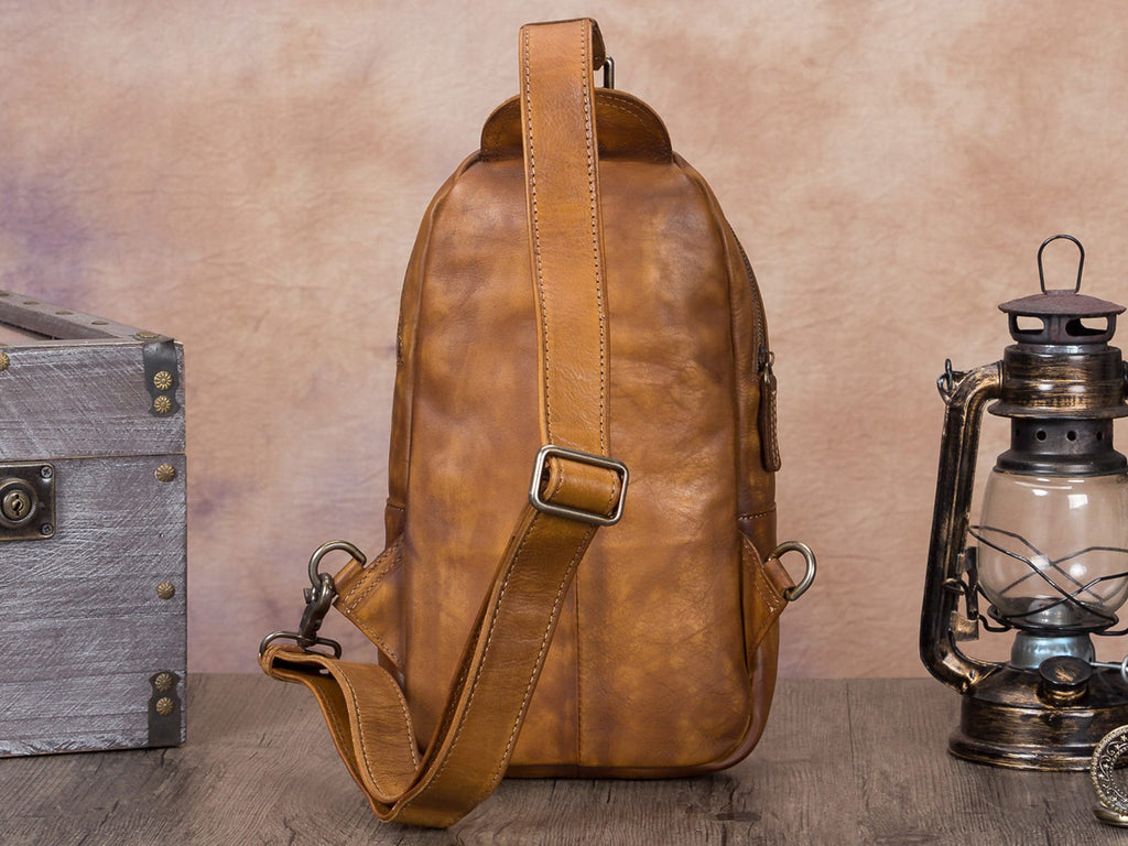 Retro Large Zipper Leather Sling Bag Crossbody Backpack