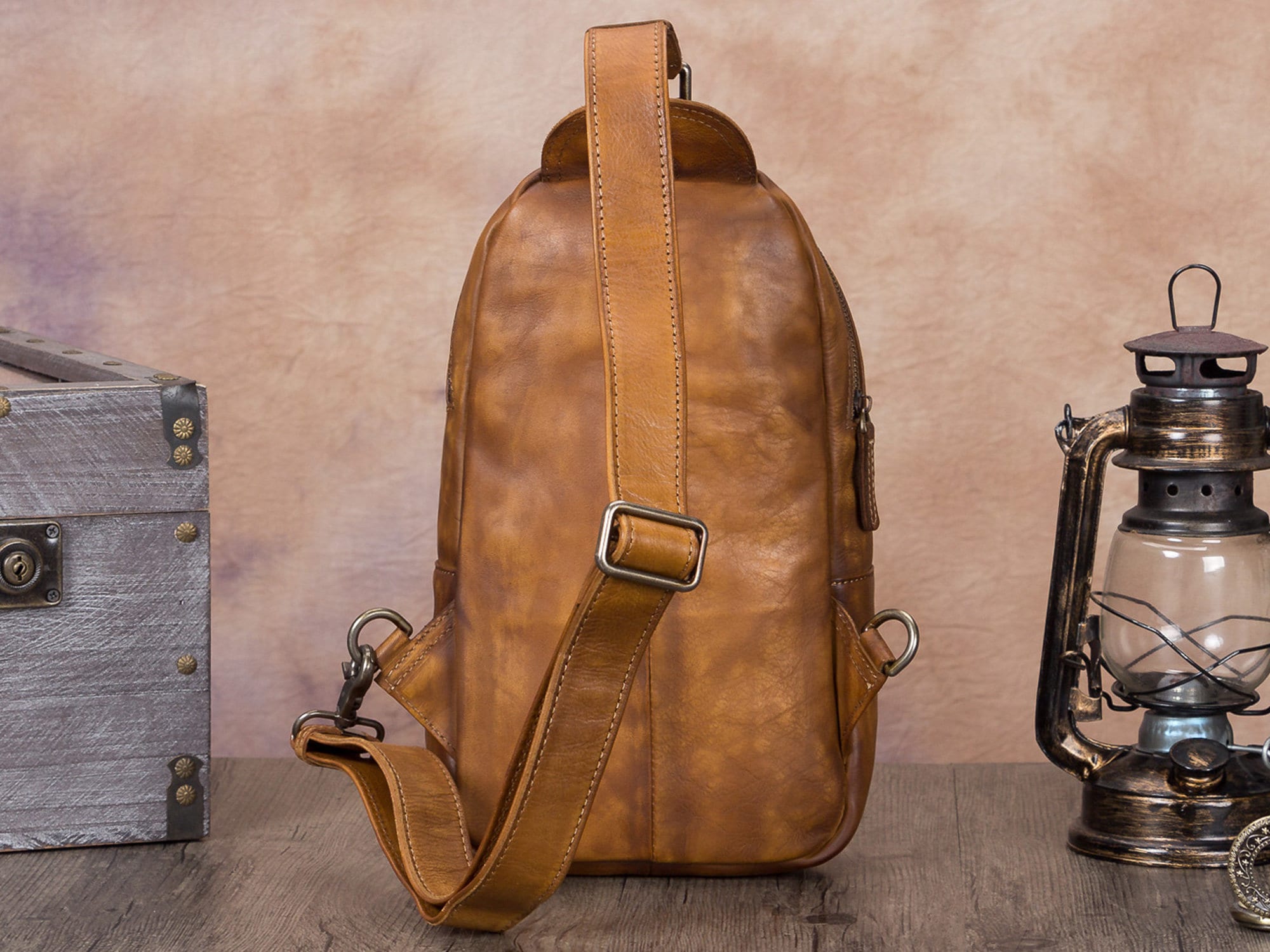 Retro Large Zipper Leather Sling Bag Crossbody Backpack