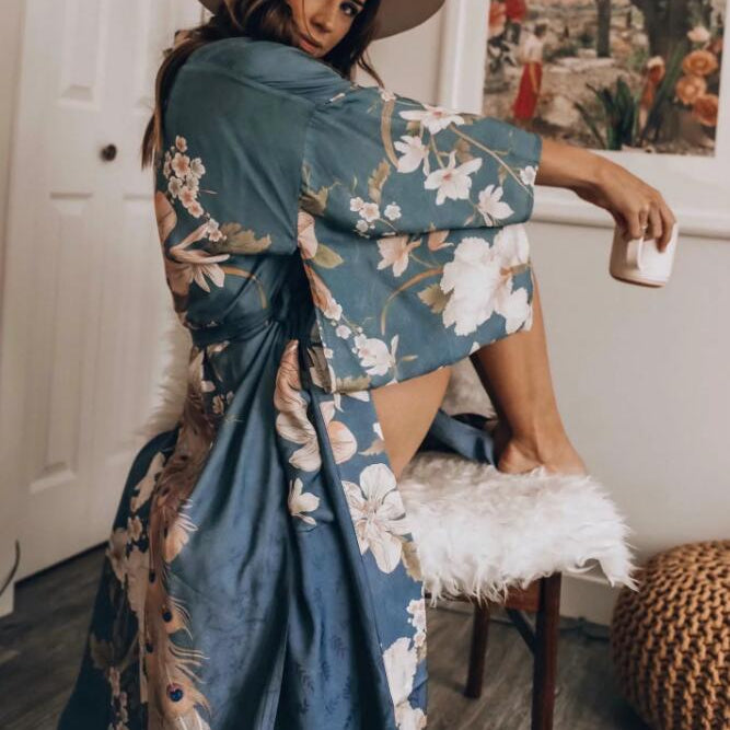 Boho Peacok Floral Print Kimono Robe Cover Up