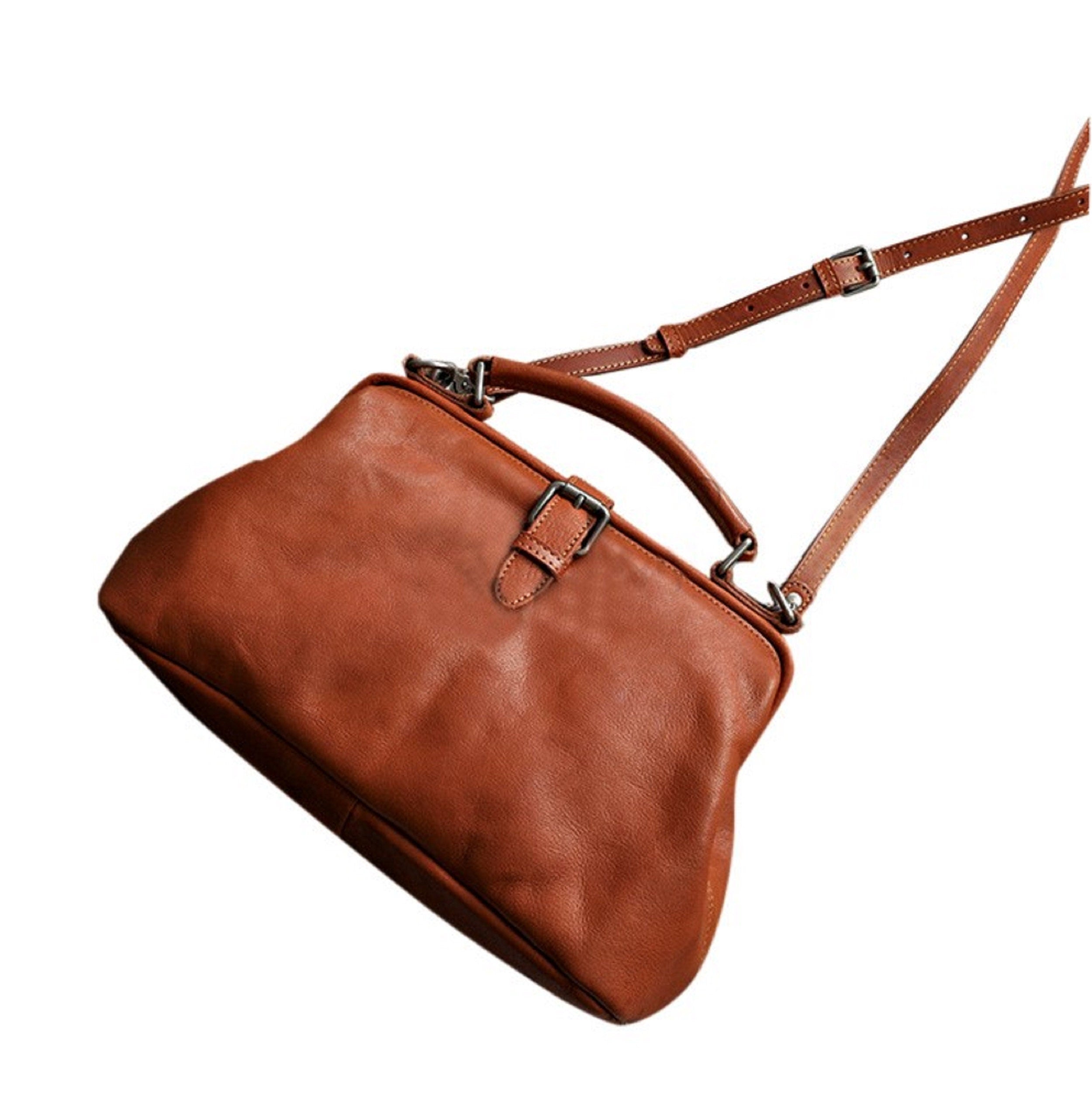 Tan Doctor Bag Leather Handbag Crossbody Purse For Women