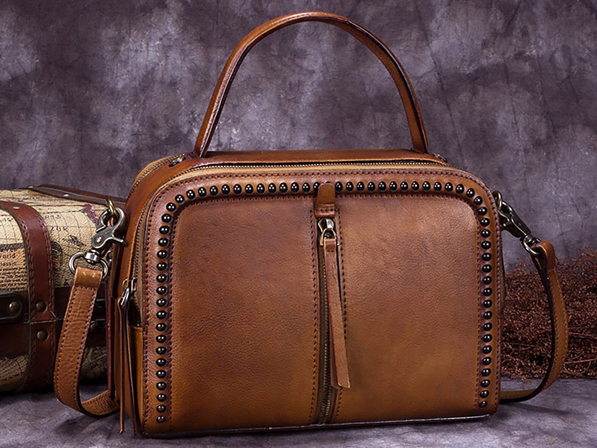 Vintage Handmade Leather Handbag Crossbody Purse Shoulder Bag