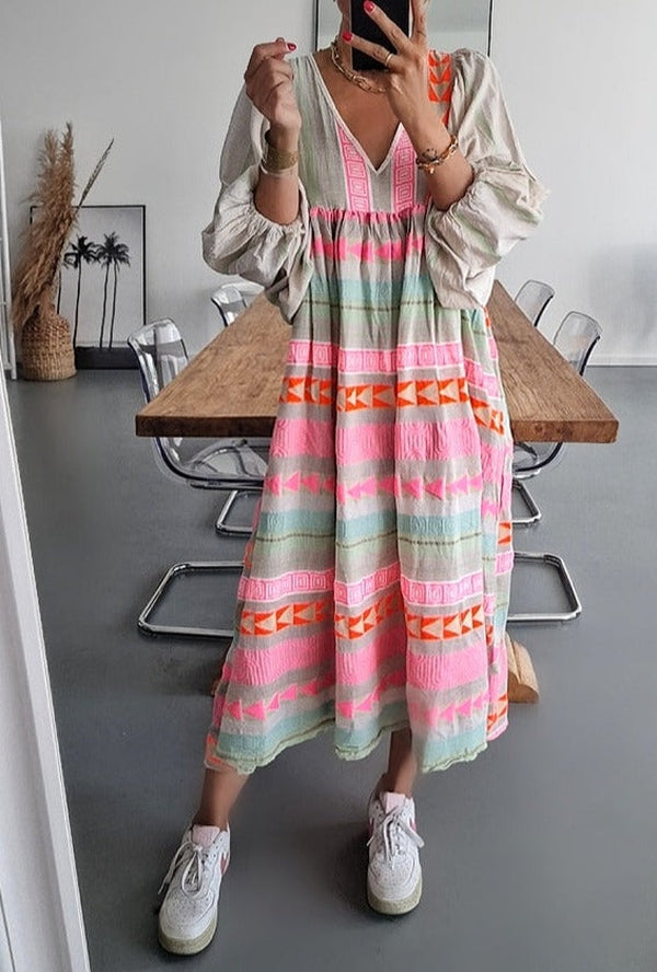 Pink Striped Print Midi Dress