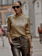 Load image into Gallery viewer, Gold Ribbed Round Neck Long Sleeve Sweater

