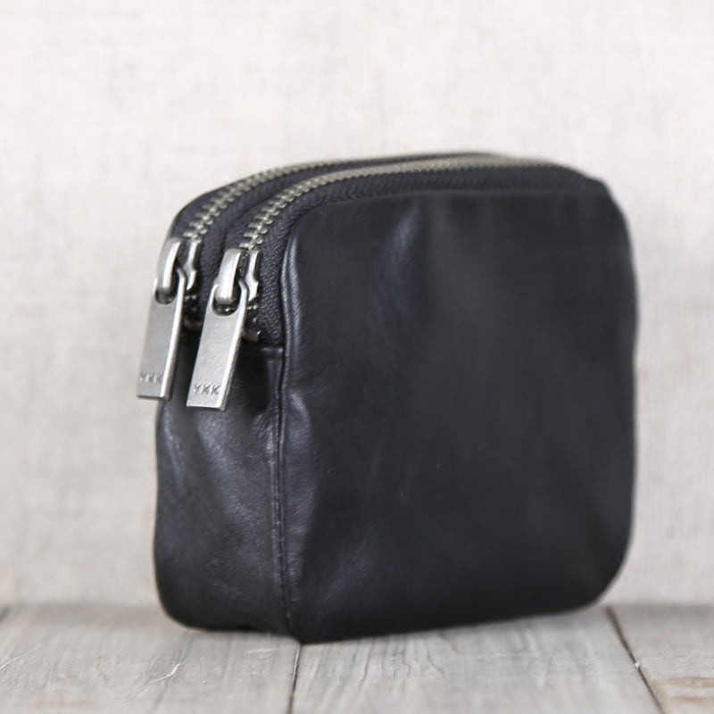 Small Black Leather Zipper Card Wallet Coin Purse  for Women