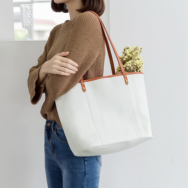 White Color Block Large Leather Tote