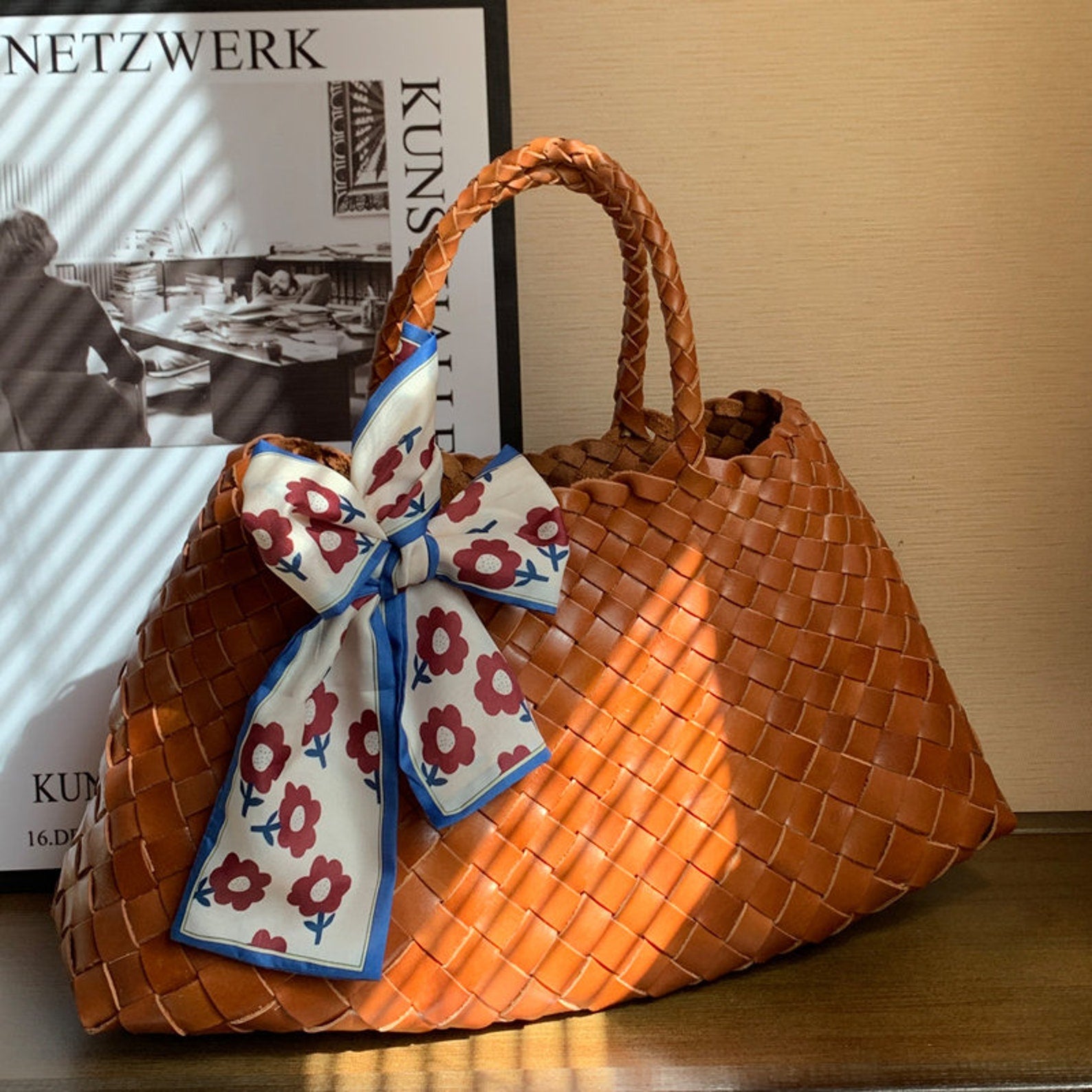 Retro Handmade Woven Leather Handbag Tote Purse