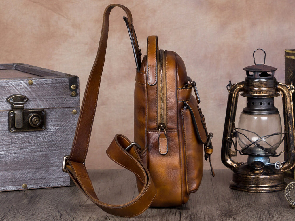 Leather Sling Bag Crossbody Purse Chest Backpack