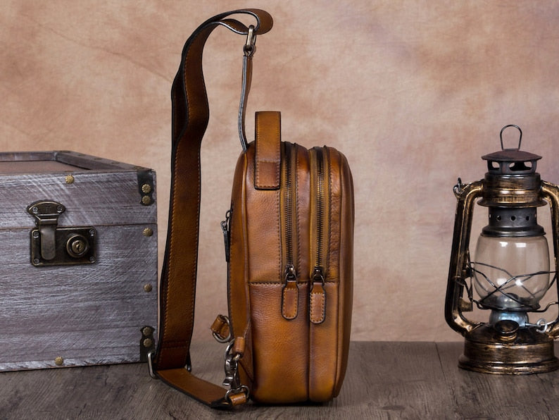 Double Zipper Leather Sling Bag Crossbody Hiking Daypack Shoulder Backpack