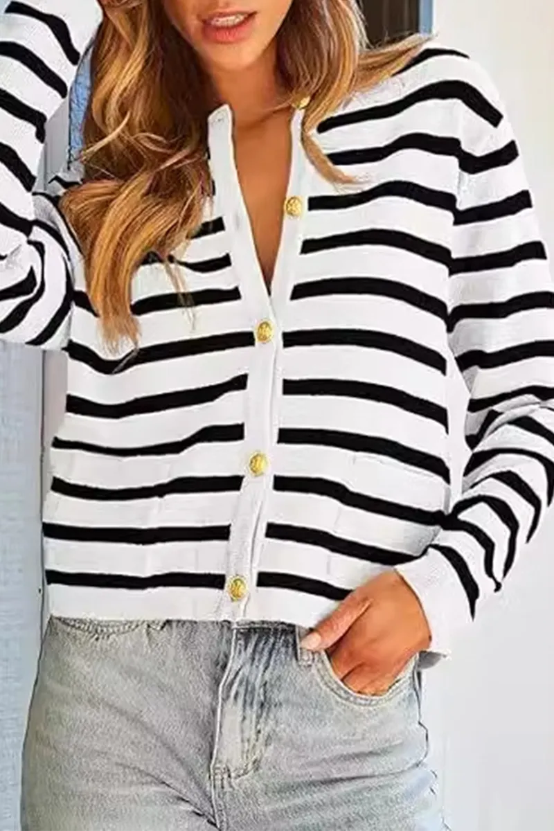 Casual Stripe Buttons Round Neck Cardigan
