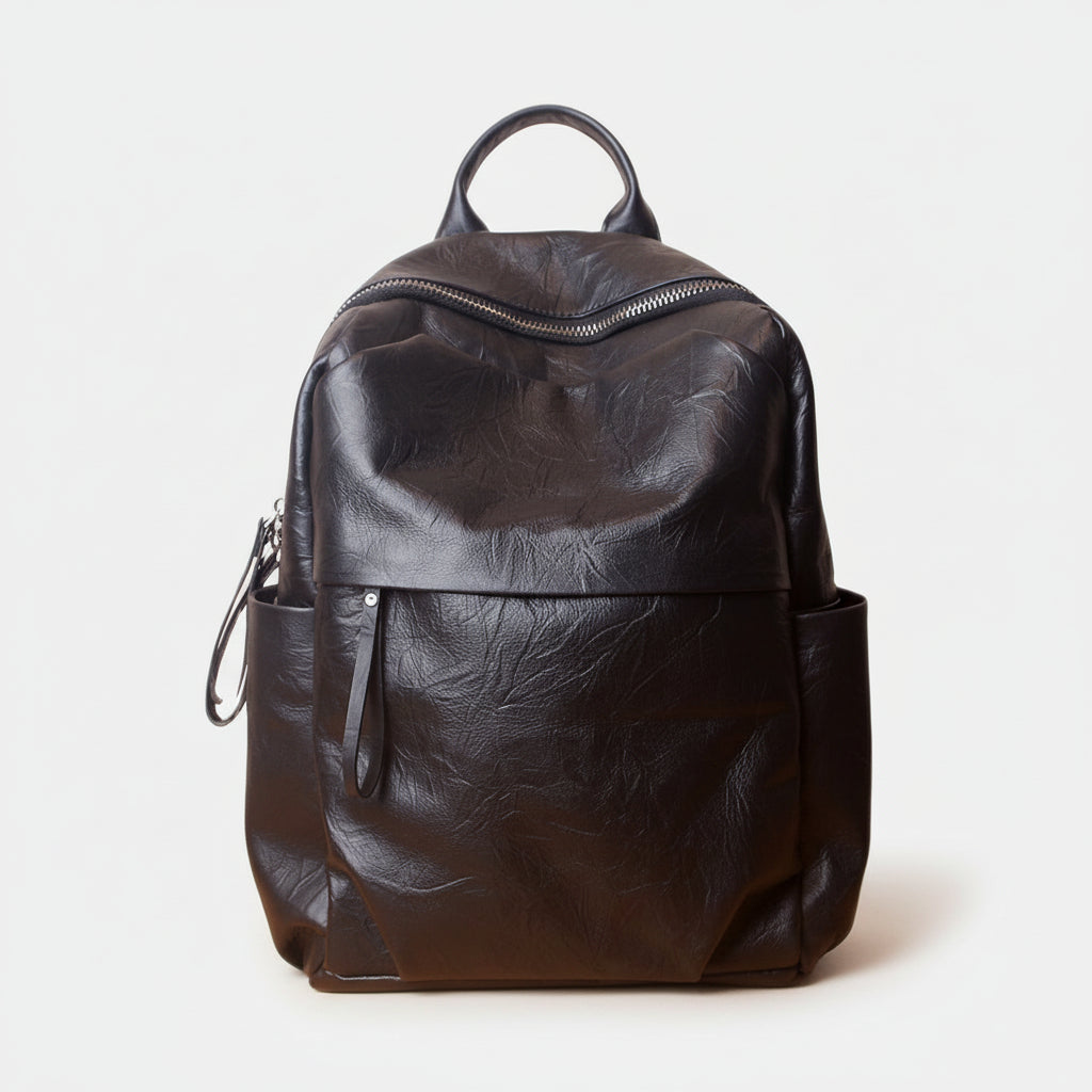 Simple Large Black Leather Backpack Bag