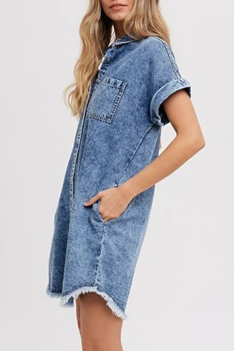 Casual Pockets Buttons Down Shift Denim Mini Dress
