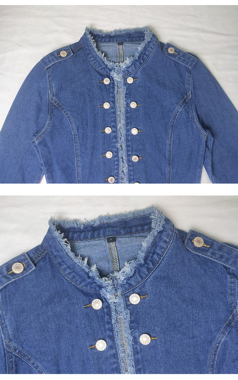 Blue Raw Trim Long Sleeves Single Breasted Button Denim Jacket