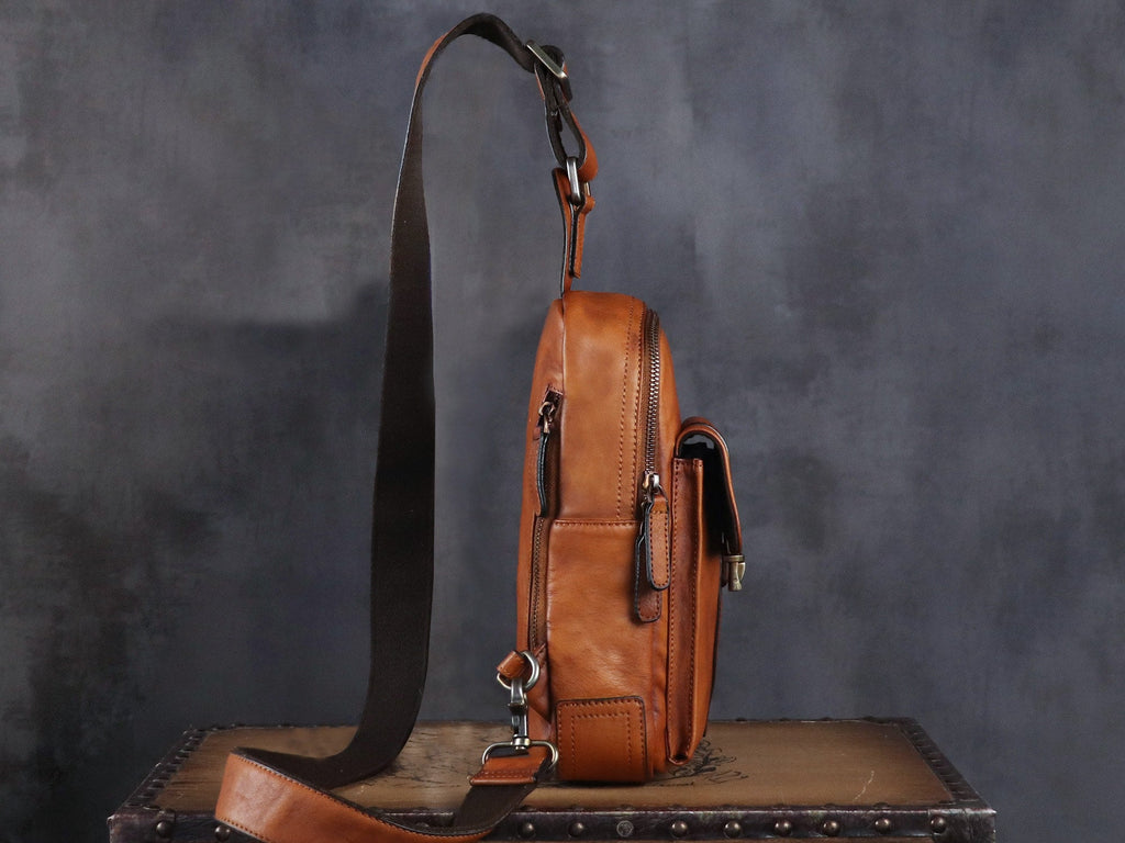 Brown Large Leather Sling Bag Casual Shoulder Backapck