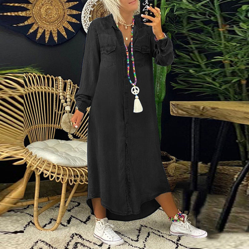 Casual Solid Turndown Collar Irregular Dress