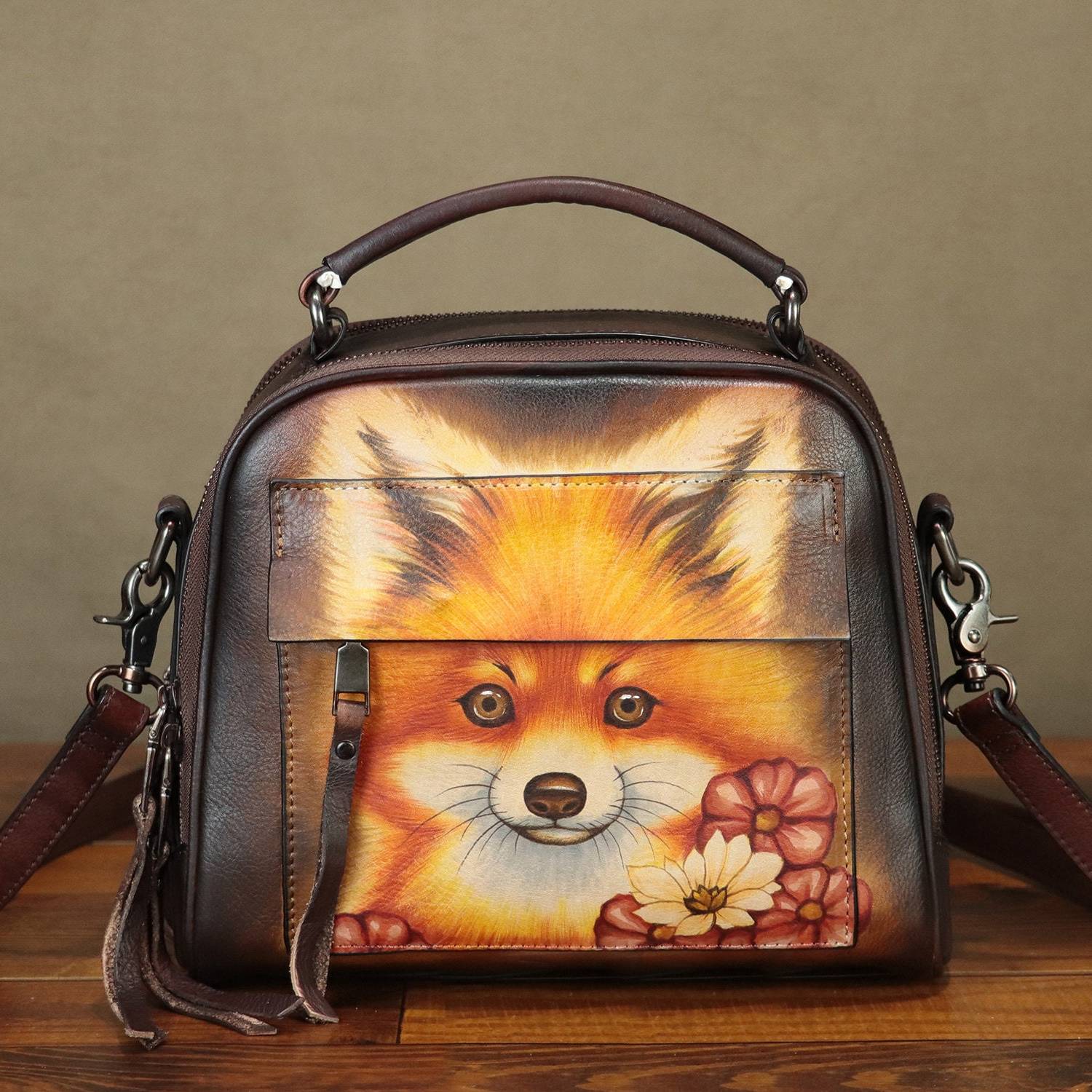 Hand Painted Dog Leather Shoulder Bag Handbag Crossbody Bag