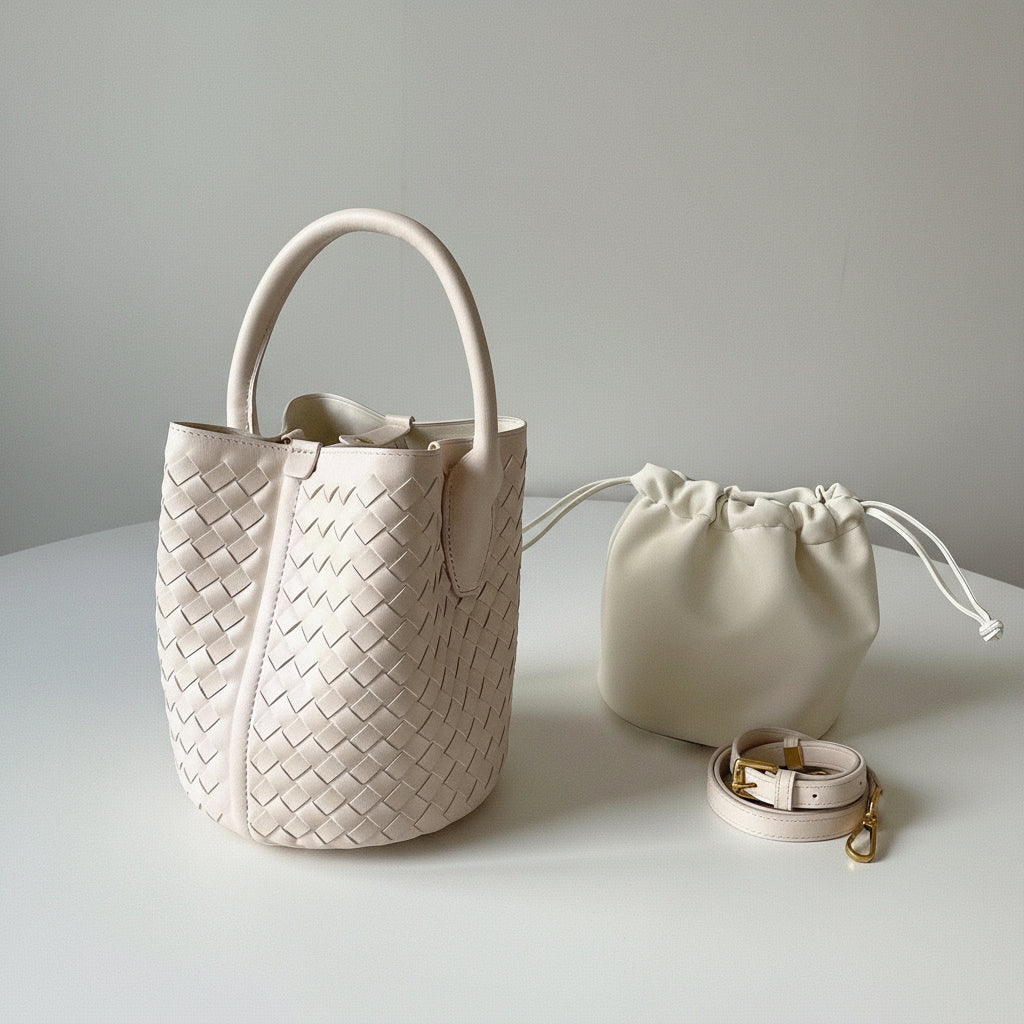 Small Woven Leather Tote Bag Classic Bucket Bag Shoulder Bag