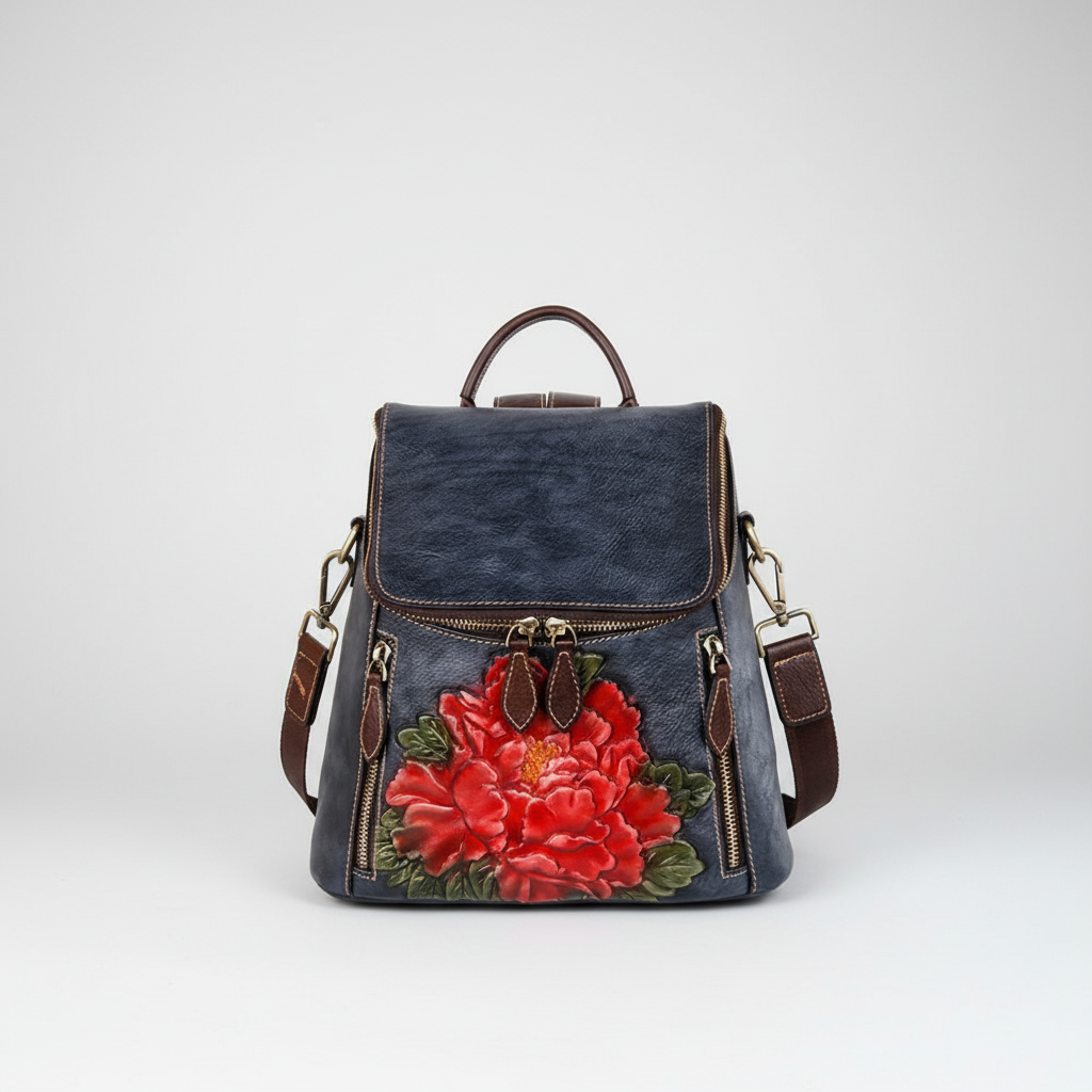 Unique Embossed Floral Leather Leather Backpack for Women