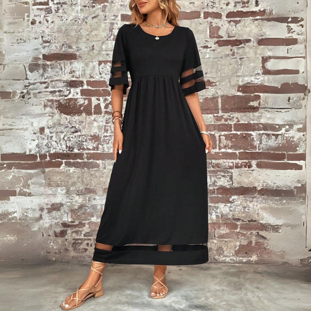 Elegant Sheer Sleeves Round Neck Maxi Dress