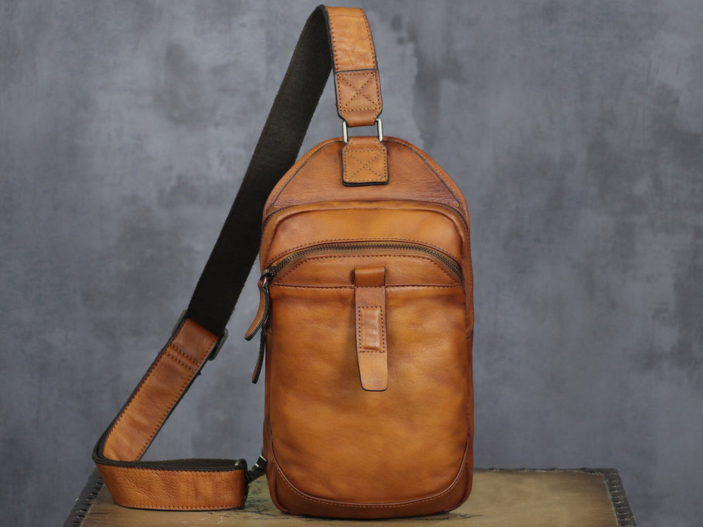 Leather Sling Bag Handmade Crossbody Chest Backpack