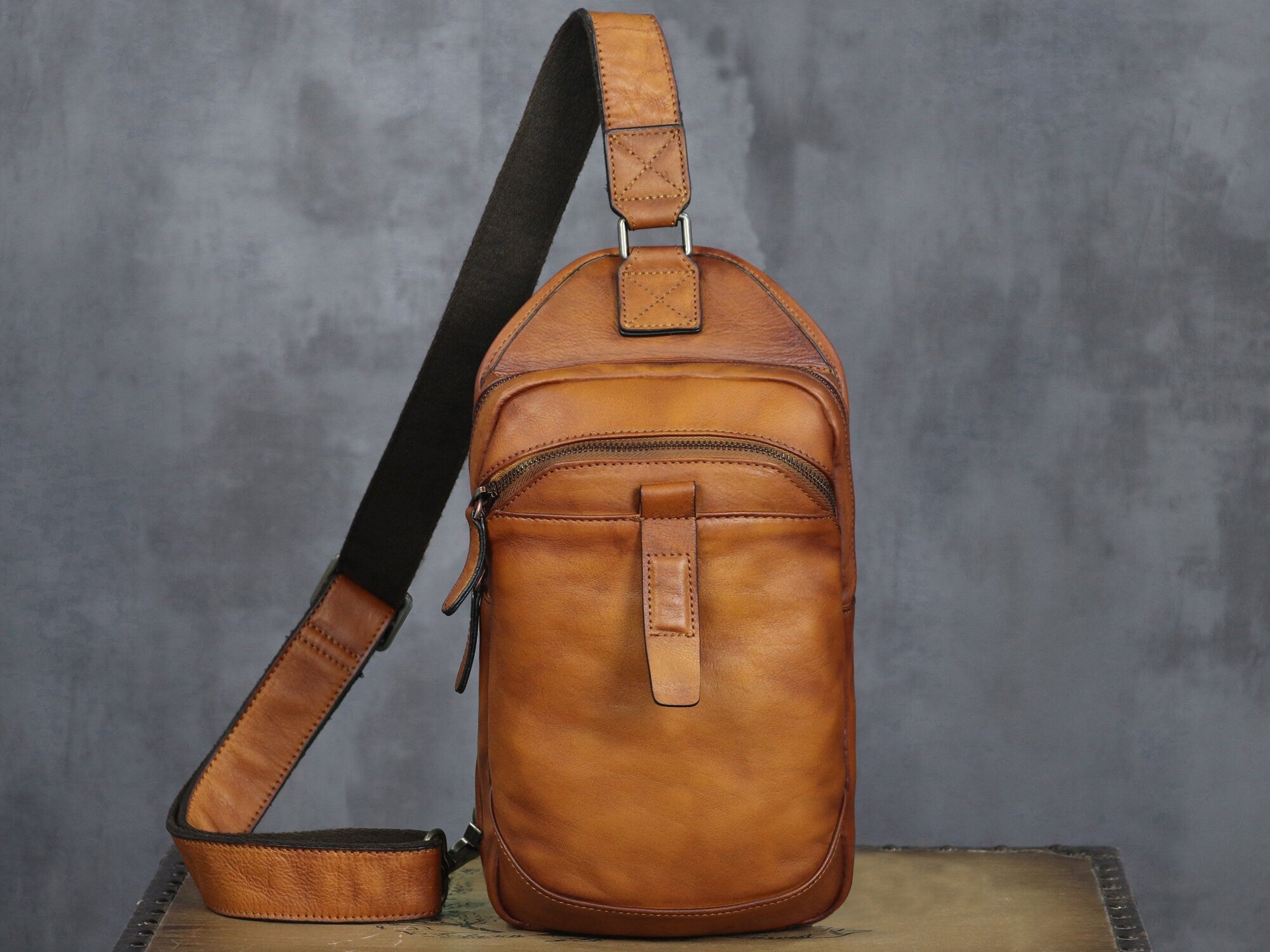 Leather Sling Bag Handmade Crossbody Chest Backpack