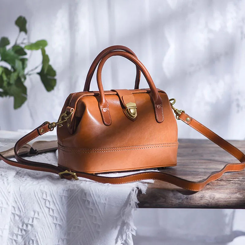 Women Leather Doctor Bag Color Block Weekend Daily Small Handbag Shoulder Bag