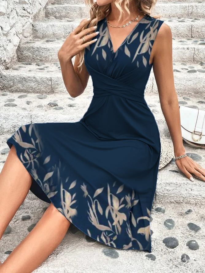 Printed Sleeveless V-neck Midi Dress