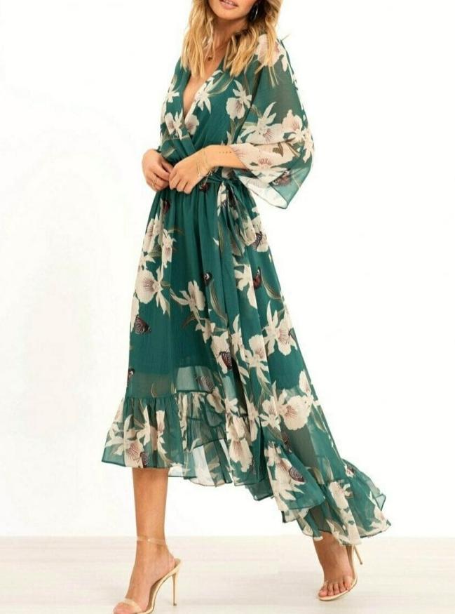 Floral Ruffled Chiffon High Low Midi Dress