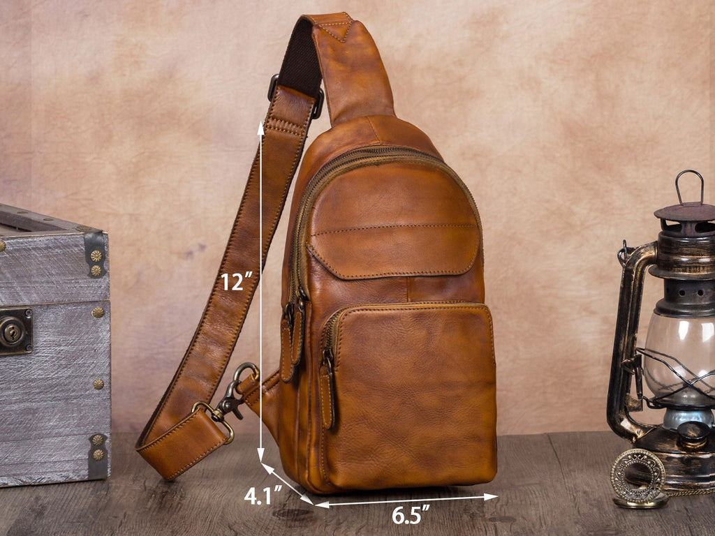 Leather Sling Bag Crossbody Purse Handmade Hiking Daypack Retro Shoulder Backpack Vintage Chest Bags