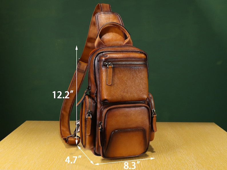 Multiple Pockets Zipper Leather Sling Bag Hiking Daypack Shoulder Backpack