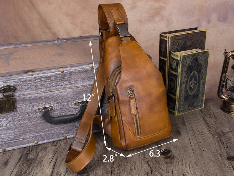 Vintage Leather Sling Bag Chest Shoulder Crossbody Bag Hiking Backpack