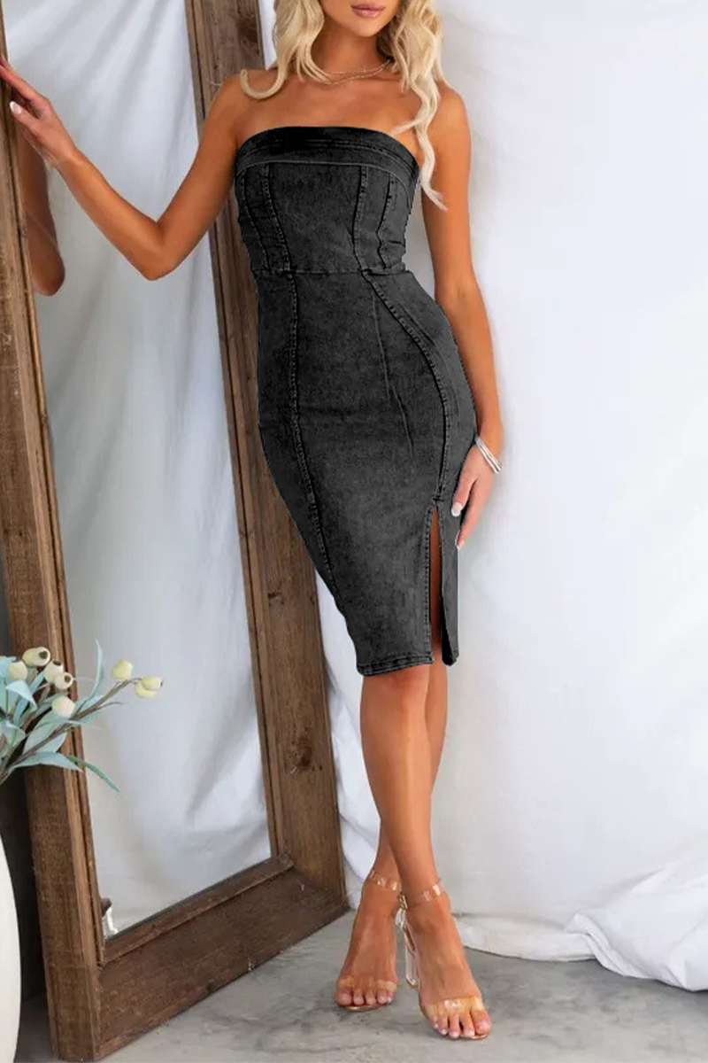 Strapless Slit Side Sheath Midi Denim Dress
