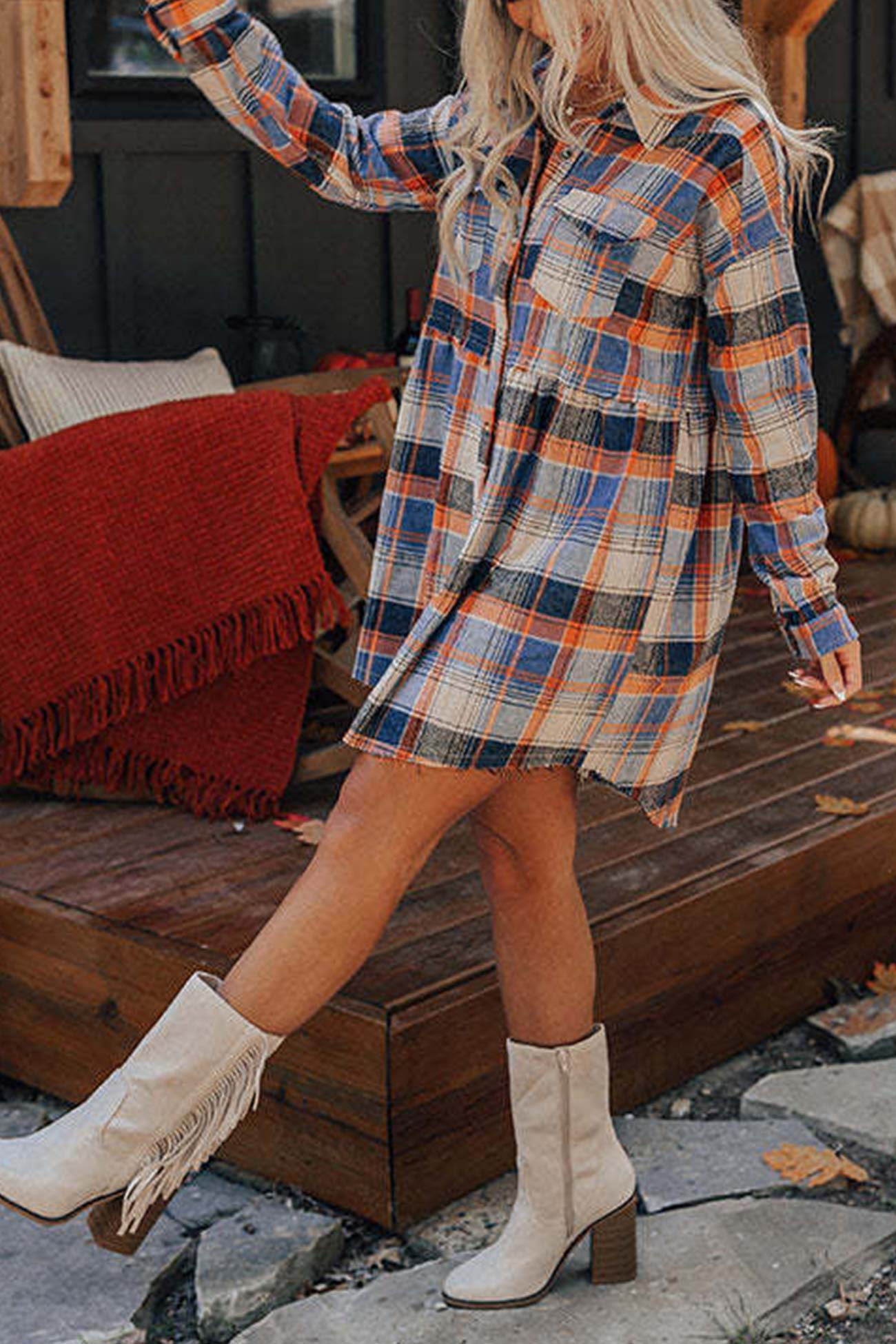 Contrast Plaid Buttons Down Mini Shirt Dress