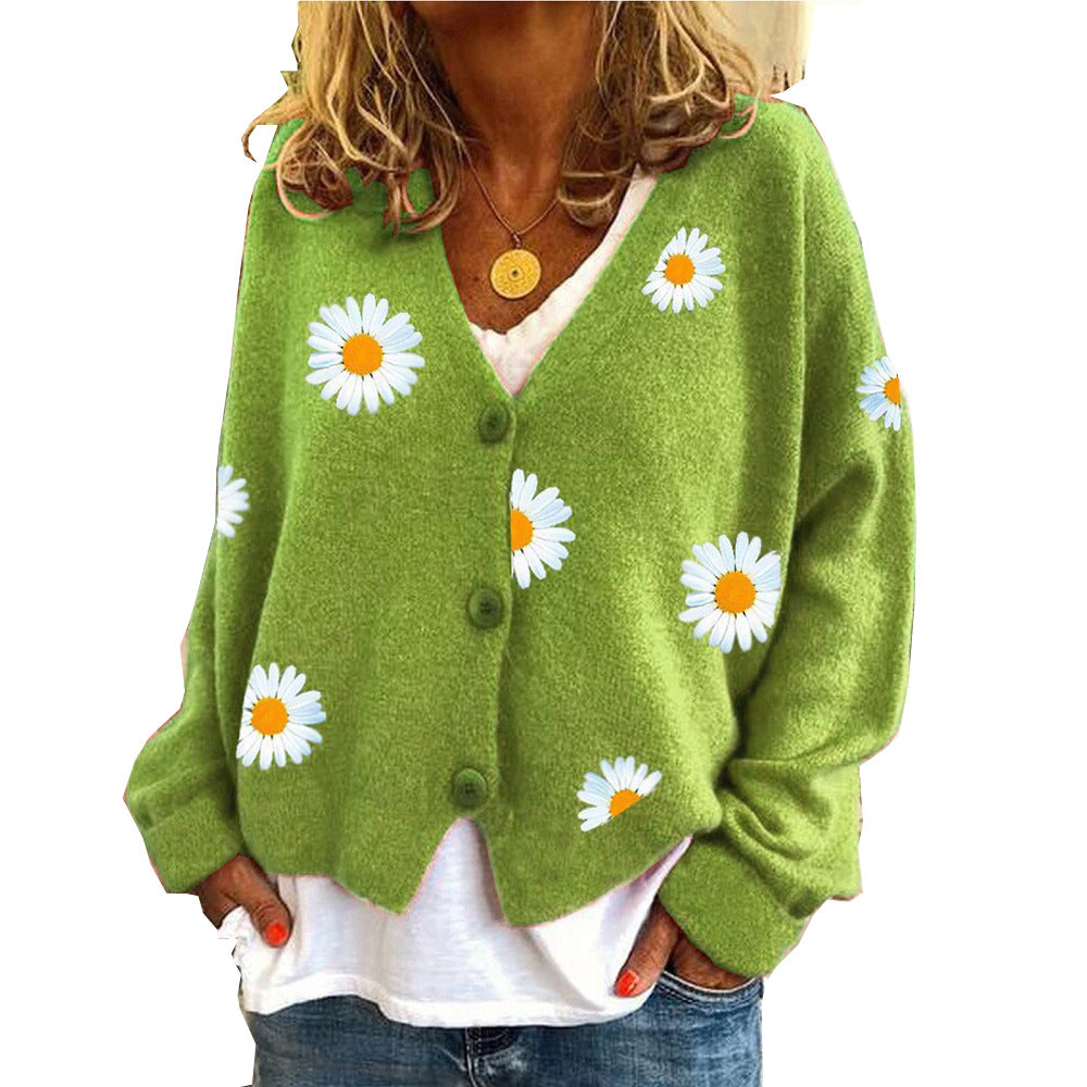 Button Up Daisy Embroidery V-neck Sweater Cardigan