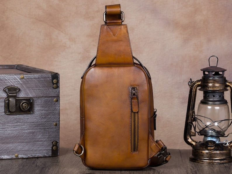 Double Zipper Leather Sling Bag Crossbody Hiking Daypack Shoulder Backpack