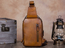 Load image into Gallery viewer, Double Zipper Leather Sling Bag Crossbody Hiking Daypack Shoulder Backpack
