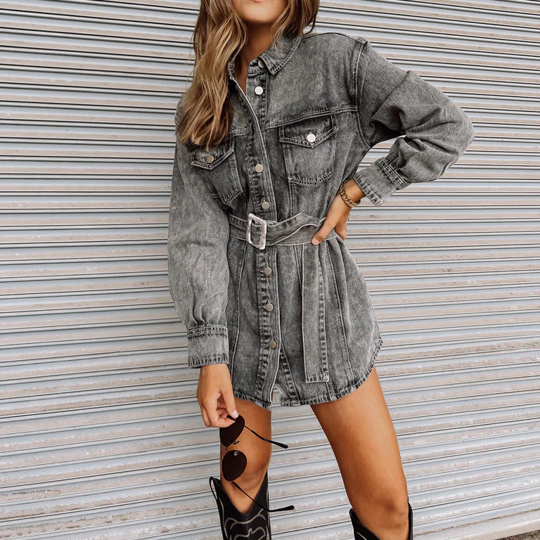 Gray Long Sleeves Pockets Buttons Down Denim Mini Dress