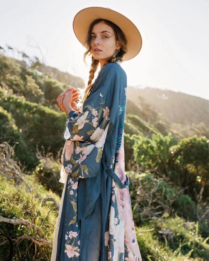 Boho Peacok Floral Print Kimono Robe Cover Up