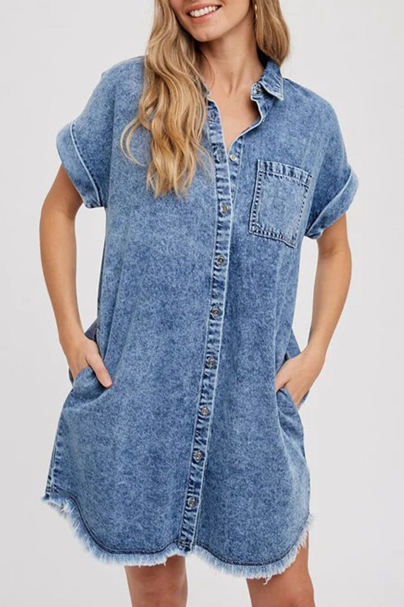 Casual Pockets Buttons Down Shift Denim Mini Dress