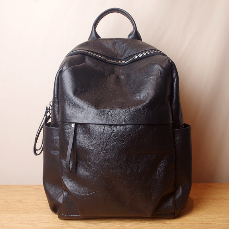 Simple Large Black Leather Backpack Bag