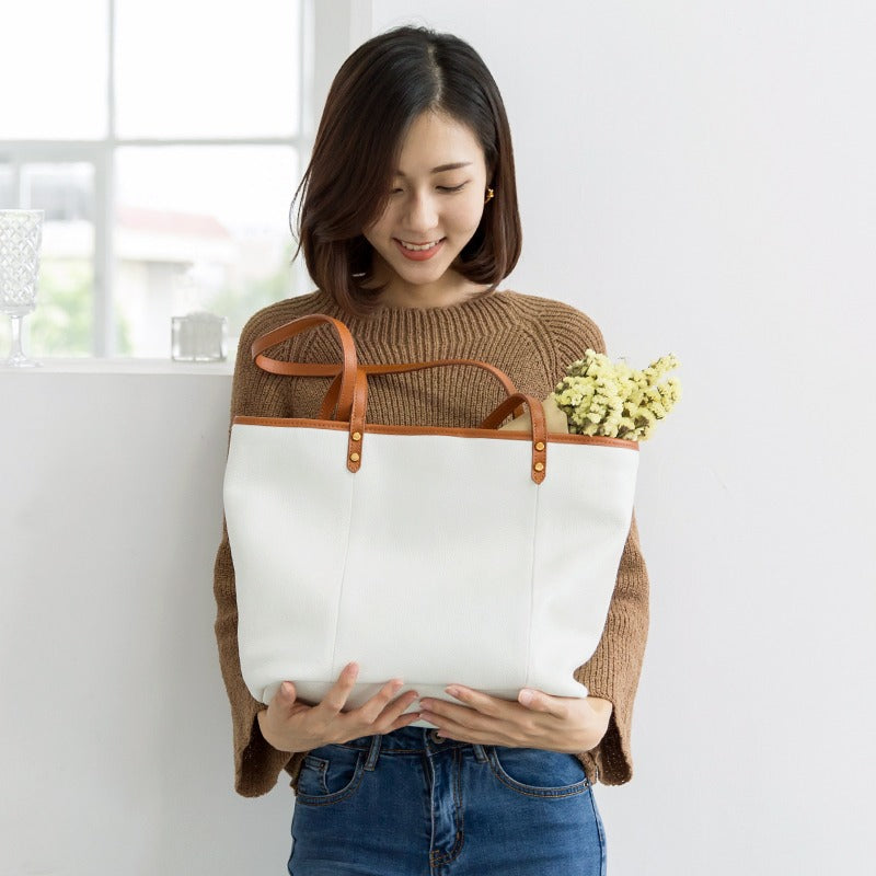 White Color Block Large Leather Tote