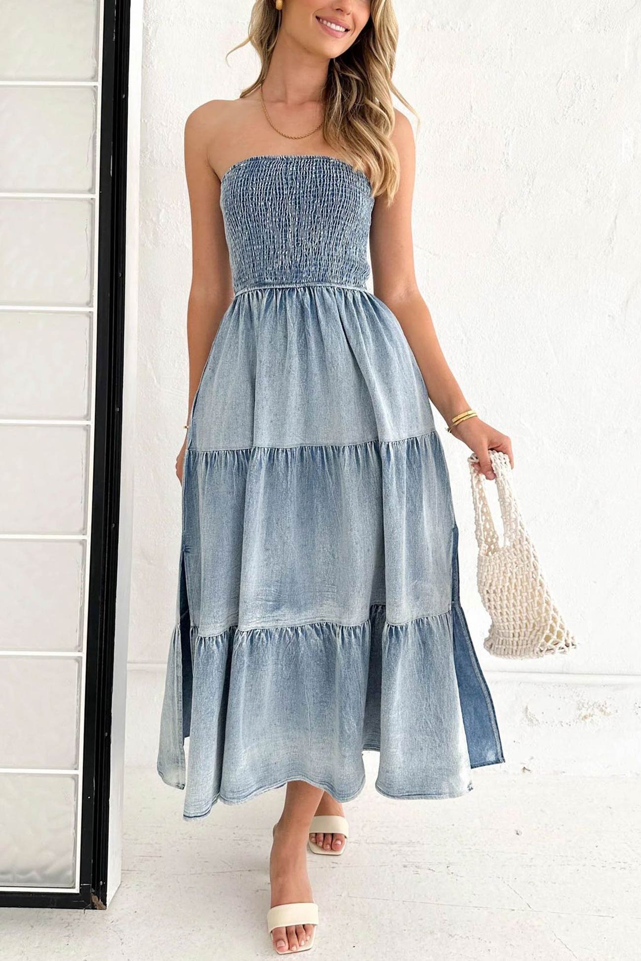 Strapless Smocked  Tiered Slit Side Midi Denim Dress