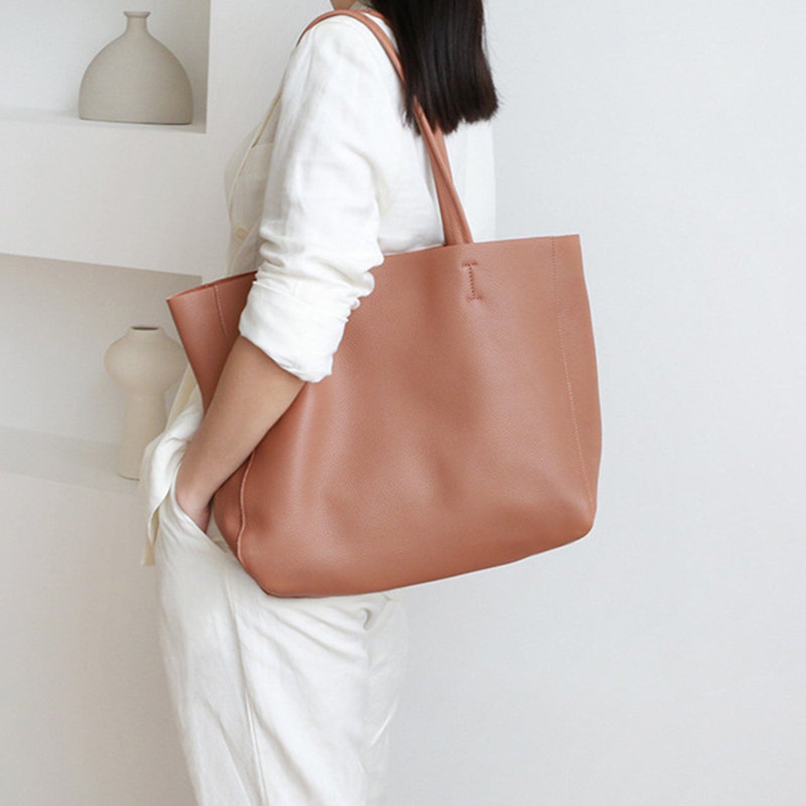 Coral Pink Handcrafted Leather Tote Bag