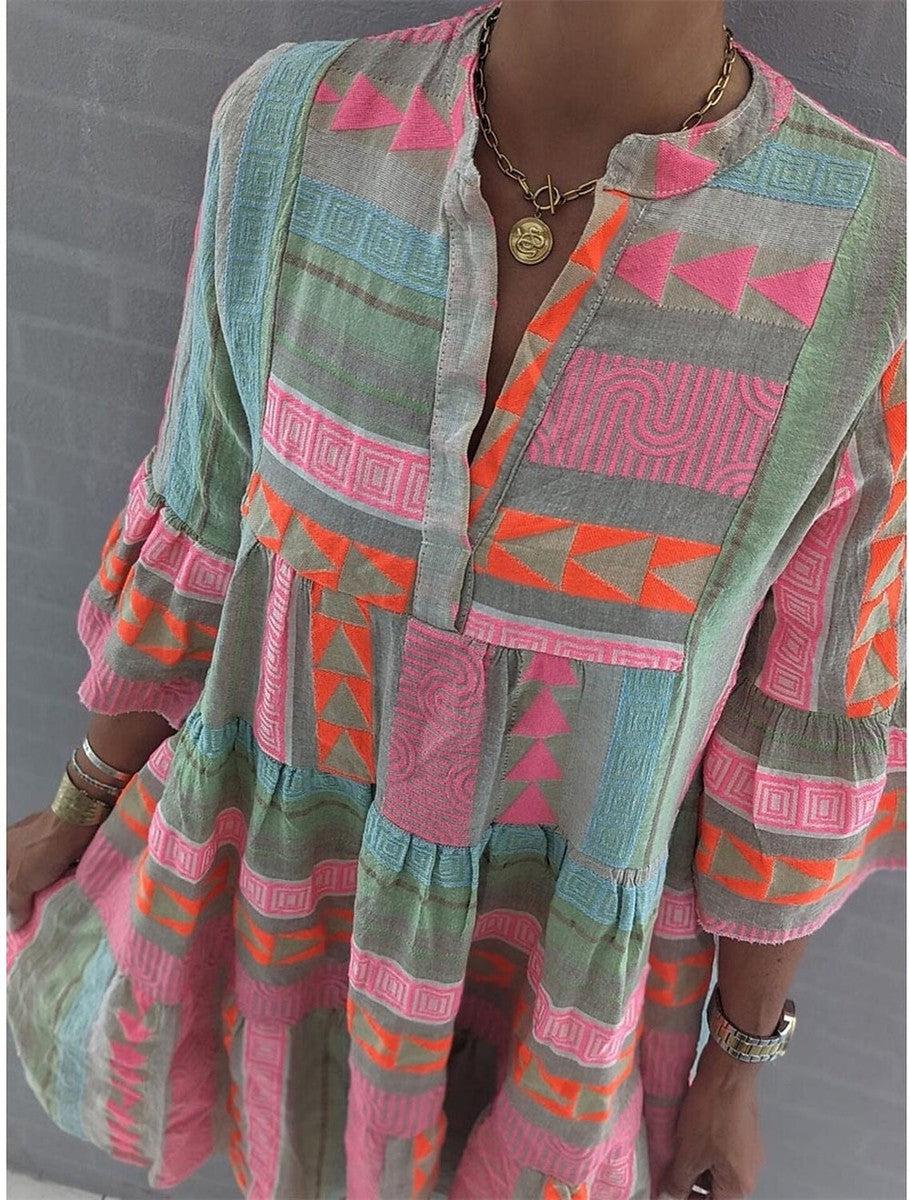 Boho Geometric Print Bell Sleeves Mini Tunic Dress