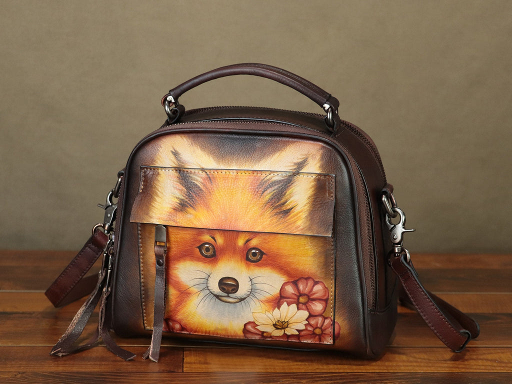 Hand Painted Dog Leather Shoulder Bag Handbag Crossbody Bag