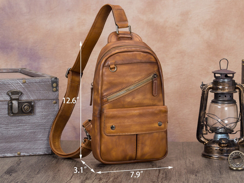 Retro Large Zipper Leather Sling Bag Crossbody Backpack