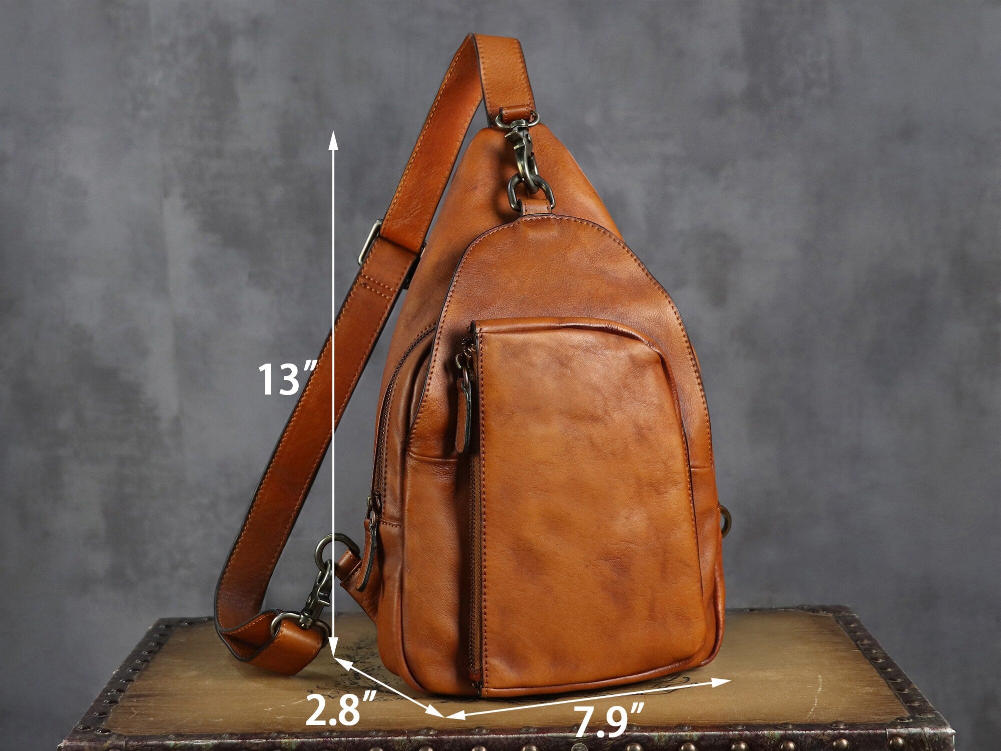 Zipper Leather Sling Bag Crossbody Chest Shoulder Backpack Purse