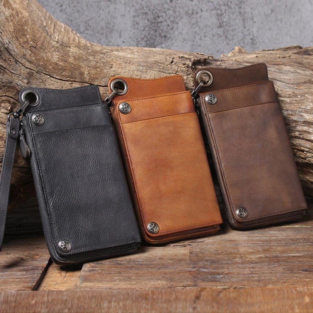 Handmade Leather Long Wallet with Chain Trifold Purse Anniversary Gift For Women Large Capcity Multi Cards Money Clips
