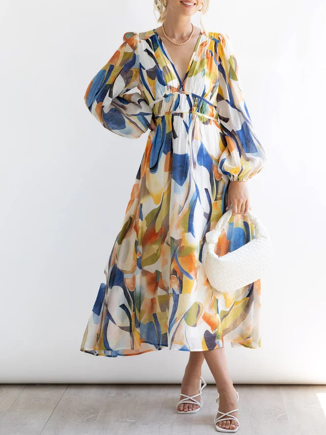 Colorful Abstract Print Long Sleeve  Midi Dress