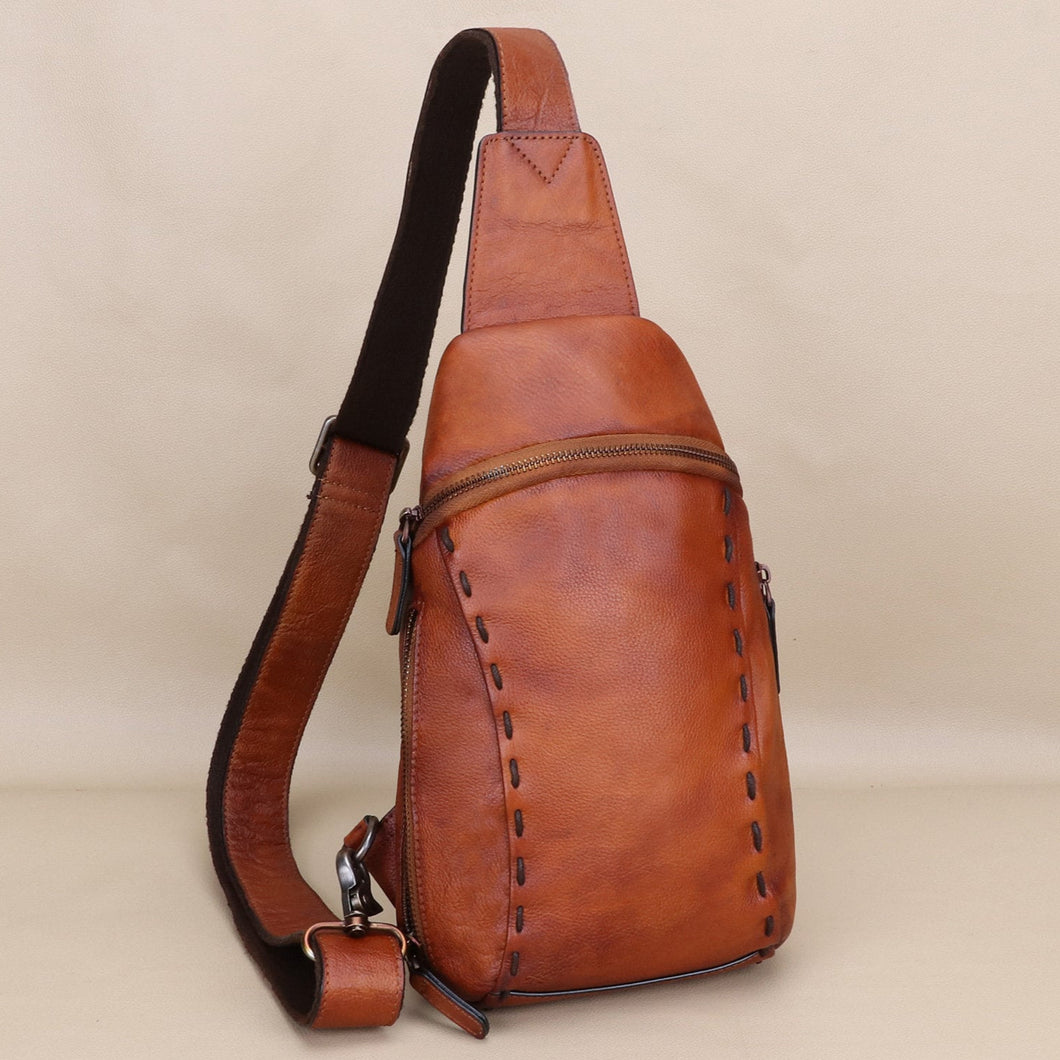 Vintage Leather Sling Bag Chest Shoulder Bag Crossbody Backpack
